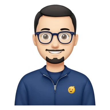 Fair-skinned man with extremely short black hair (very close buzz cut), short salt and pepper beard, large black-framed glasses, smiling, wearing navy blue long sleeve zip sweatshirt sticker