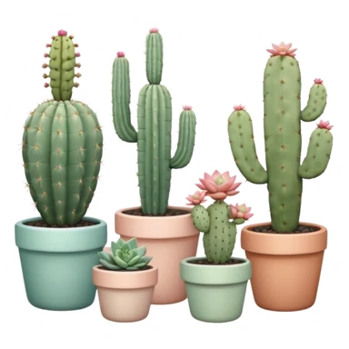 Ceramic pots in pastel colors, tall and short, round and square, containing desert cactus plants, hanging cacti, flowering cacti, echeveria succulents, and sedum succulents, placed in a row on the floor, white background sticker