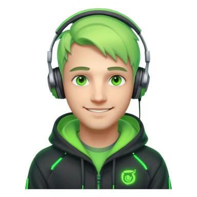 friendly streamer avatar, smiling man, stylized illustration, neon green eyes with soft warm highlights, hoodie and headset with neon accents, subtle cyberpunk vibe, dark background, clean lines, cozy and friendly mood sticker