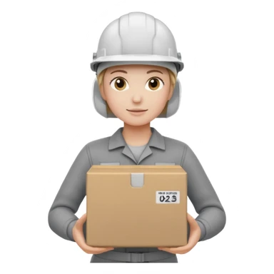 Tengo que dar una capacitacion de orgonomia, necesito un emoji de un operario con casco blanco y buzo gris de manga larga que levante una caja cerrada con las dos manos a la altura de los hombros y que tenga cara de esfuerzo fisico. Que no este saludando, las dos manos sosteniendo la caja sticker
