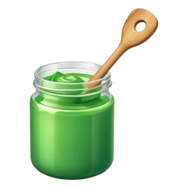 A small open plastic jar of vibrant green wax, wooden spatula inside sticker