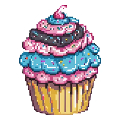 giant cupcake with pink icing and colorful sprinkles in pixel art style sticker
