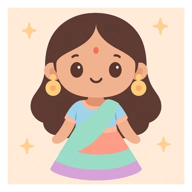 Indian girl with a bindi on her face, wearing a vibrant and festive lehenga, large earrings, colorful and joyful style sticker