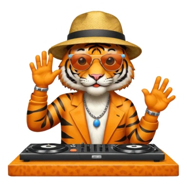 Un tigre con sombrero estilo cubano, una mesa de dj y gafas de sol. Una mano en la mesa de dj y la otra mano señalando al cielo a Dios sticker