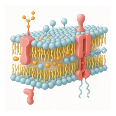 A highly detailed, scientifically accurate cross-section of a biological cell membrane (lipid bilayer) on a white background, ultra-realistic 3D illustration. Show the phospholipid bilayer with hydrophilic heads (round, polar) facing outward and hydrophobic tails (chains) inside. Include embedded proteins (integral and peripheral), cholesterol molecules (small, rigid), glycoproteins with sugar chains, and ion channels. The style should be clean, lab-textbook style, with subtle shadows and depth. Use a color scheme: light blue for hydrophilic heads, yellow for hydrophobic tails, red/pink for proteins, and orange for cholesterol. Microscope-like precision, no artistic stylization. sticker