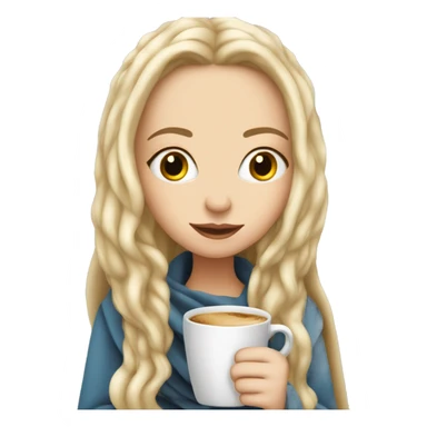 A pretty white girl with very long blond hair in a blanket sipping coffee sticker