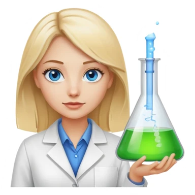 Blonde Female data scientist with blue eyes and an erlenmeyer flask sticker