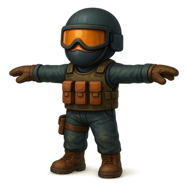 Make this Counterstrike player model in T-pose look a little more realistic while keeping the style close to the original. No background, suitable for Discord. Maintain the original style's look but enhance realism subtly. sticker