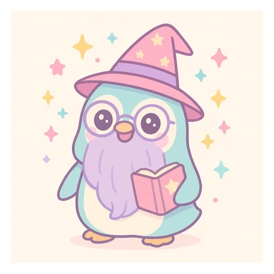 a cartoon penguin wizard with glasses, a long beard, and a spellbook, surrounded by magical effects sticker