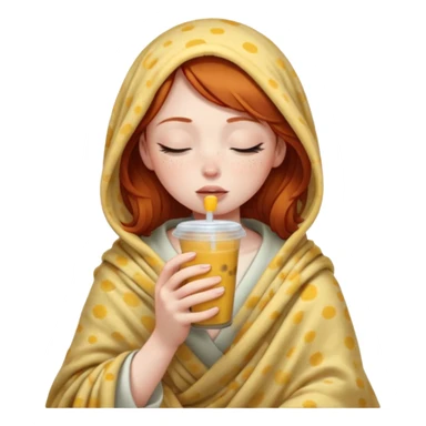 dark ginger haired girl with pale skin, wrapped in a blanket, sipping boba, eyes closed sticker