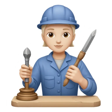 Apple Memoji-style 3D emoji of a sculptor with a small statue and chisel, smooth gradients, rounded edges, no background.during sculting sticker