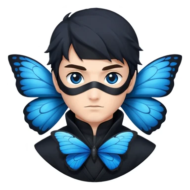 Emoji para usar en WhatsApp con estos dos emoji 🥷🏻 🦋.
Ninja vestido de negro con los ojos negros y con la piel blanca y una mariposa azul posada en su hombro izquierdo como si la mariposa estuviera volando en el hombro. sticker