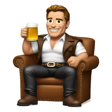 Arnold Schwarzenegger wearing Bavaria leather pants and Holding a Beer sticker