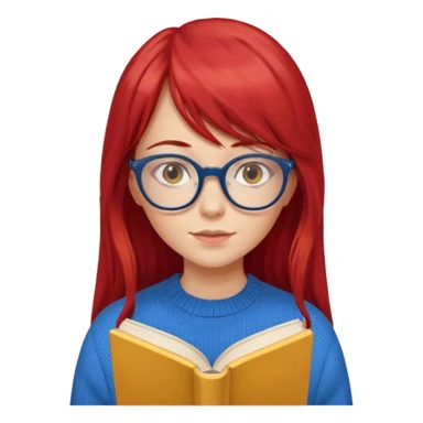 a girl with long red hair and bangs with glasses wearing blue sweater reading a yellow cover book sticker