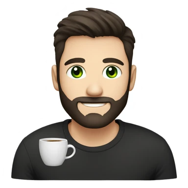 Handsome man with dark hair, holding an cup of coffee, gradient short hair on the side, green eyes. Thin face. Black t-shirt. A little beard. sticker