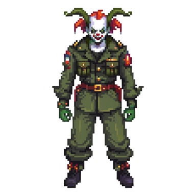 evil clown soldier, bald, small black satan horns on forehead, fangs, pointed ears, eye patch over one eye, black and military green clothes with bellbottom pants, realistically proportioned, less bulky, full body, fighting stance sticker