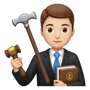 Create an emoji symbolizing the legal support of the business and financial assistance from accountants. The image should combine the image of a lawyer with a hammer of justice and an accounting book next to the logo of a reliable company protecting the interests of business. sticker