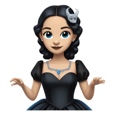 relaxed low-cut back silky black evening ball gown with lace gloves, Jenna Ortega as Wednesday Addams wearing a mini diamond tiara showing off blood blue cute horned old dragon hand-puppet sticker