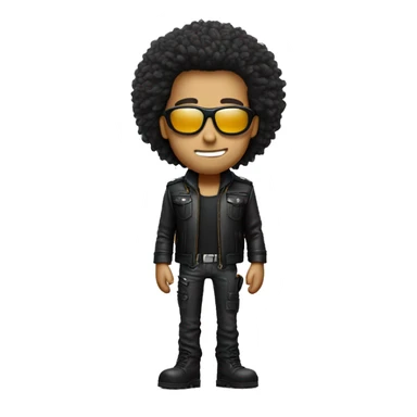 Big hair, slender face, eyes look like as he’s high, cool leather jacket with cargo pants and accessories sticker