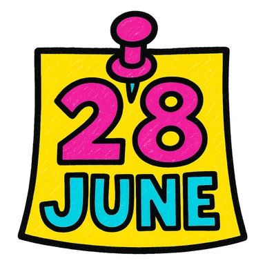 a pinned note with the text '28 June', bold and colorful, playful look, pop colors style sticker