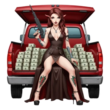 Lilith model red eye seductress evil long brown haired sexy succubus woman with leather long dress with slit, sitting in Big Large F350 pickup truck. Black Platform high heels on feet. Tattoo sleeve arms, seat full of stacks of cash, and a man dead human skull of her enemies and a gun in other hand sticker