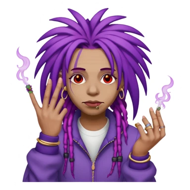 A purple weed smoking emoji with purple dreads, red eyes, hands full of rings, and wearing airforce1 shoes  sticker