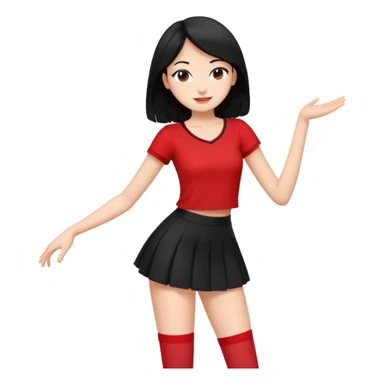 Chicas esbelta con falda corta negra y top rojo,pelo semi largo negro y lacio  super feliz,pero bailando sticker
