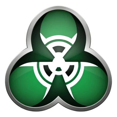 Minimalist emoji-style sticker of a fractured biohazard symbol with a small eye in the center. Stylized, geometric, no text.
 sticker