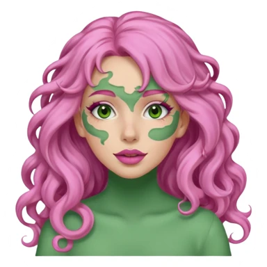 pink haired very long curly haired woman with full full face green clay mask sticker