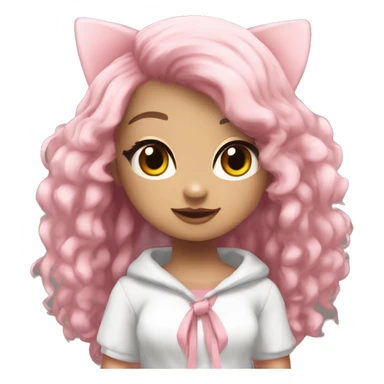 make a girl Roblox character add Preppy front tied top add white skirt blush add Pink Layered Kawaii Hair w/ Fluffy Kitty Beanie add Animated emoji Face drawing only face and all emotion  sticker