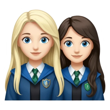 a pretty ravenclaw girl with long dark brown hair and blue eyes standing with a pretty Slytherin girl with long blonde hair, blue eyes sticker