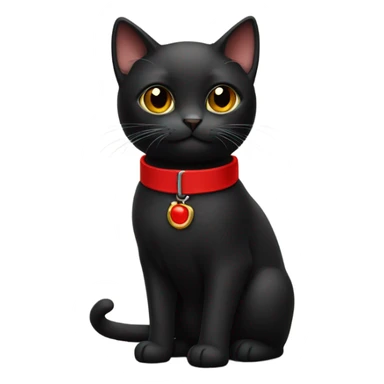 Small black cat wearing red collar with belt sticker