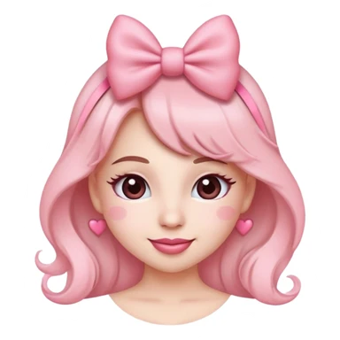 Ultimate coquette emoji with big pink bow, rosy cheeks, batting eyelashes, sweet smile, heart accents, ultra feminine, dainty, soft pink color palette sticker