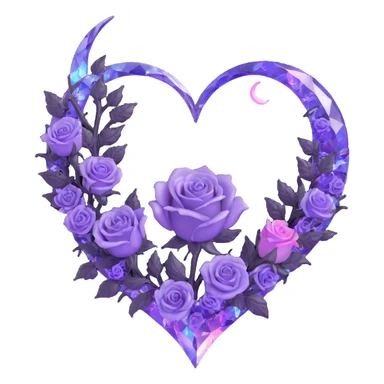 gothic heart made of crystal lilac glass, silver crescent moon, glowing pastel roses, holographic stardust, neon purple lightning, drenched and splintered glass sticker