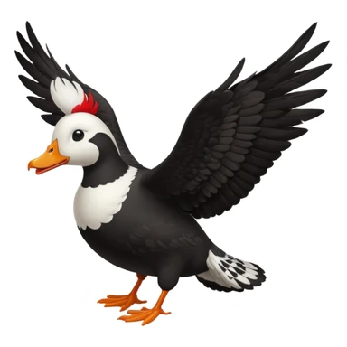 Muscovy Duck, simple emoji style, flying, wings spread, black and white pattern, red face sticker