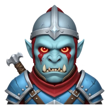 Fantasy Christmas orc legion soldier icon, iron tundra army theme, heavy winter armor, disciplined brutal look, cold steel armor cracked with frozen crimson lines, bloodfrost effect, icy blue and dark red color palette, minimal clean emoji style sticker