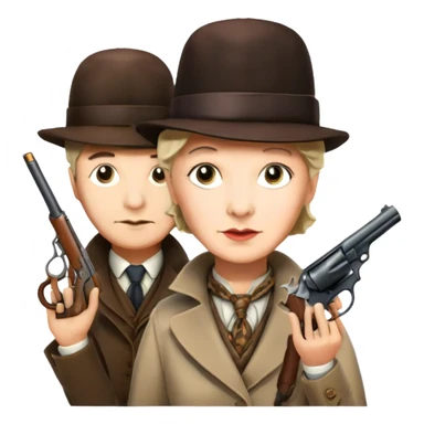 Icon for Detective Movies: A colorful collage with Sherlock Holmes, Miss Marple and Pinkerton. Include gun, clues and detective tools. The design should evoke mystery and intrigue, with a classic detective movie feel. Transparent background. sticker