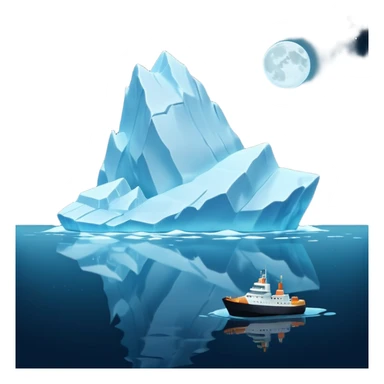 A 3D iceberg in Apple Memoji style, no face, smooth and glossy, floating in dark ocean at night, soft moonlight, subtle reflections, minimal style. A tiny ship in the distance approaching. Pixar-style render, cinematic and clean.
 sticker