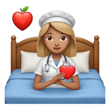 a caring nurse holding a heart symbol next to a bed icon, warm friendly Apple-style emoji sticker
