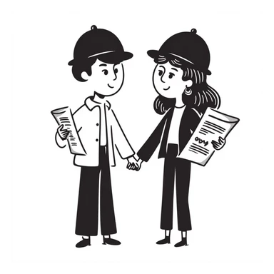 a couple holding hands, boyfriend with short brown hair, girlfriend with long brown curls, both wearing construction helmets and holding construction plans, hand drawn doodle style sticker