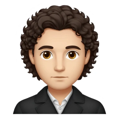He’s a man with light to medium skin, a defined oval face, full brows, deep-set eyes, and wavy to curly dark brown hair styled with height, sides are trimmed. expression calm and focused relaxed black open-collar .polished, articulate, and trainer vibe. sticker