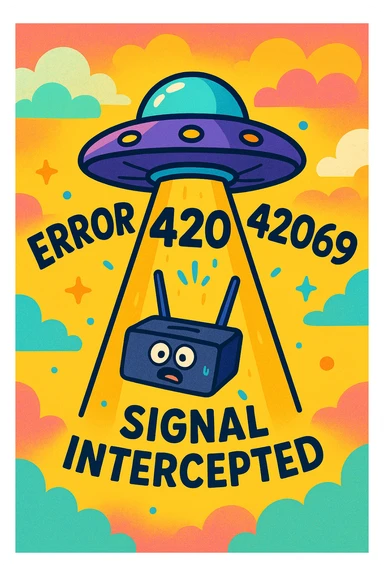 playful error screen with 'Error 42069' and 'Signal Intercepted', featuring a UFO beaming up a WiFi router, colorful and funny style sticker