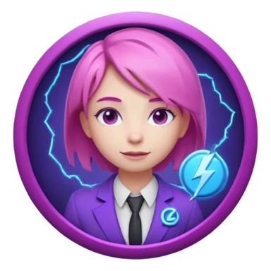 Cute 3D emoji-style girl sexy character with pink hair and purple eyes, inside a circular badge. No hands, no pose. Clean purple suit with a glowing neon-blue ‘C’ logo on the chest, small lightning accent. Smooth Apple-style lighting, friendly expression sticker