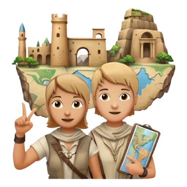 Icon for Documentary Film (TV style): A traveler pointing backward and narrating in front of ancient ruins. Include elements like historical landmarks, maps, and exploration tools to evoke a sense of adventure. Transparent background. sticker