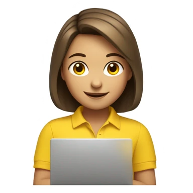 A girl with brown hair and a bob hairstyle in a yellow polo with a laptop winks and smiles. sticker