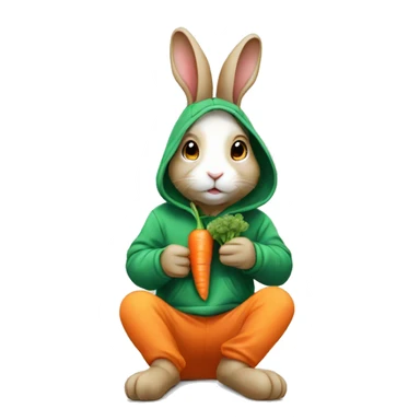 a rabbit wearing a hoodie and eating carrot sticker