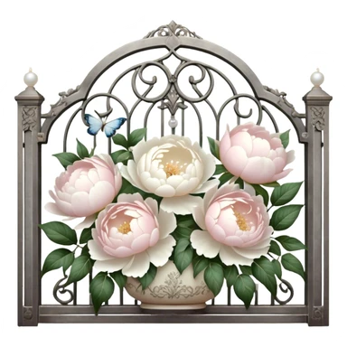 A nostalgic vintage garden scene where sunlight filters through an ornate iron gate, illuminating a delicate bouquet of white peonies and pale pink roses arranged in an ivory ceramic vase, with shimmering pearl butterflies resting on the petals.
 sticker