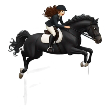 a  JET BLACK HORSE JUMPING AN OBTACLE, tHE HORSES RIDER IS A YOUNG FEMALE WITH LONG CURLY BRUNNET HAIR OF A REDDISH HUE sticker