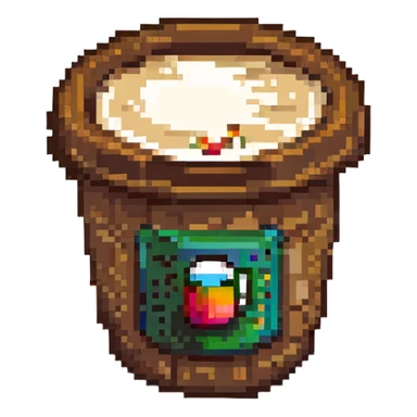 cappuccino cup with a label and a lid, pixel art style sticker