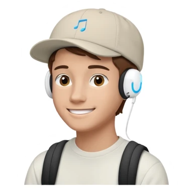 Only the head of a young guy with brown hair smiling with airpods in his ears and a cap on his head turned back. sticker